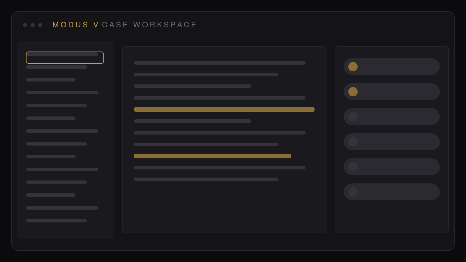 Modus V case workspace — the full case file organized in one on-device workspace